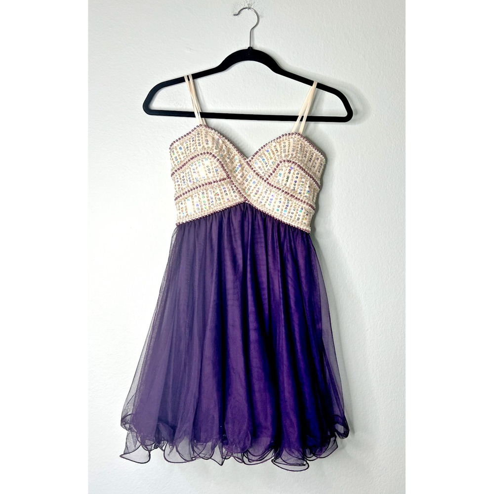 BLONDIE NITES Y2K Dress Strapless Bling 90's Purple Ivory Party Retro Size 3